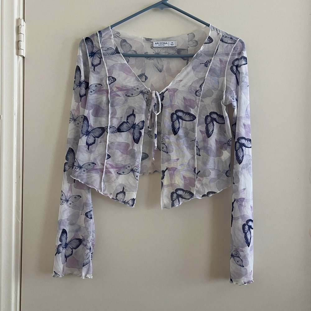 Arizona Jeans Butterfly Mesh Top XS Y2K Fairy Novelty Flare Sleeve Tie Front Cut